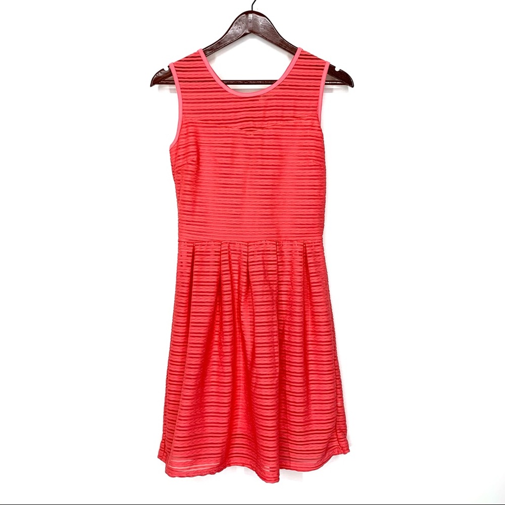 Ace Fashion Pink Coral Sleeveless Dress W/ Pleated Sheer Panel Stripe Nwot